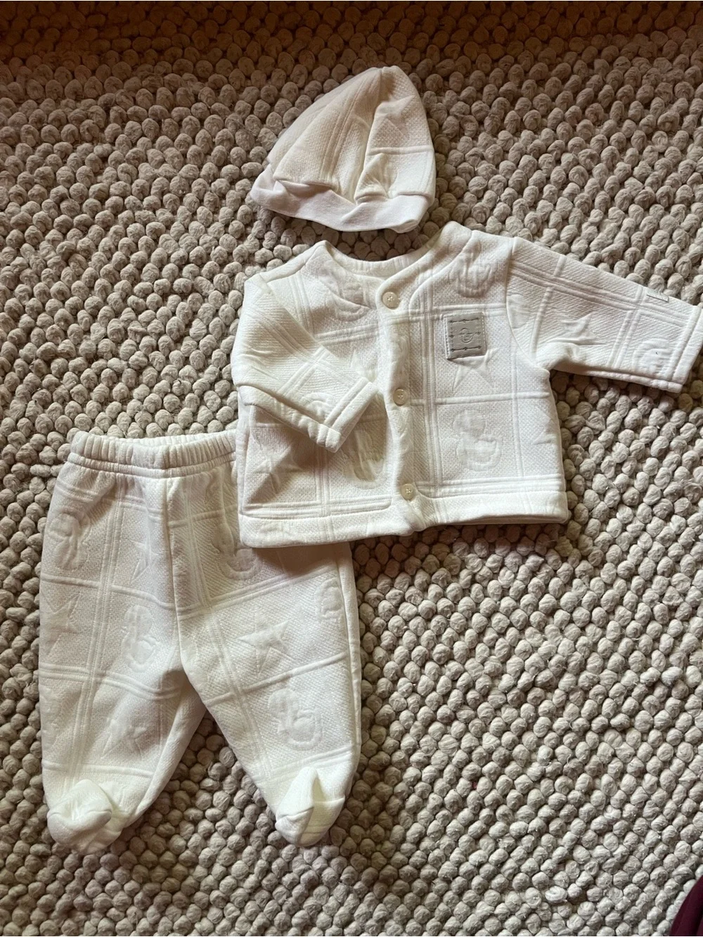 VINTAGE NOS Little Me Ivory Baby 3-Piece Knit Set with Hat